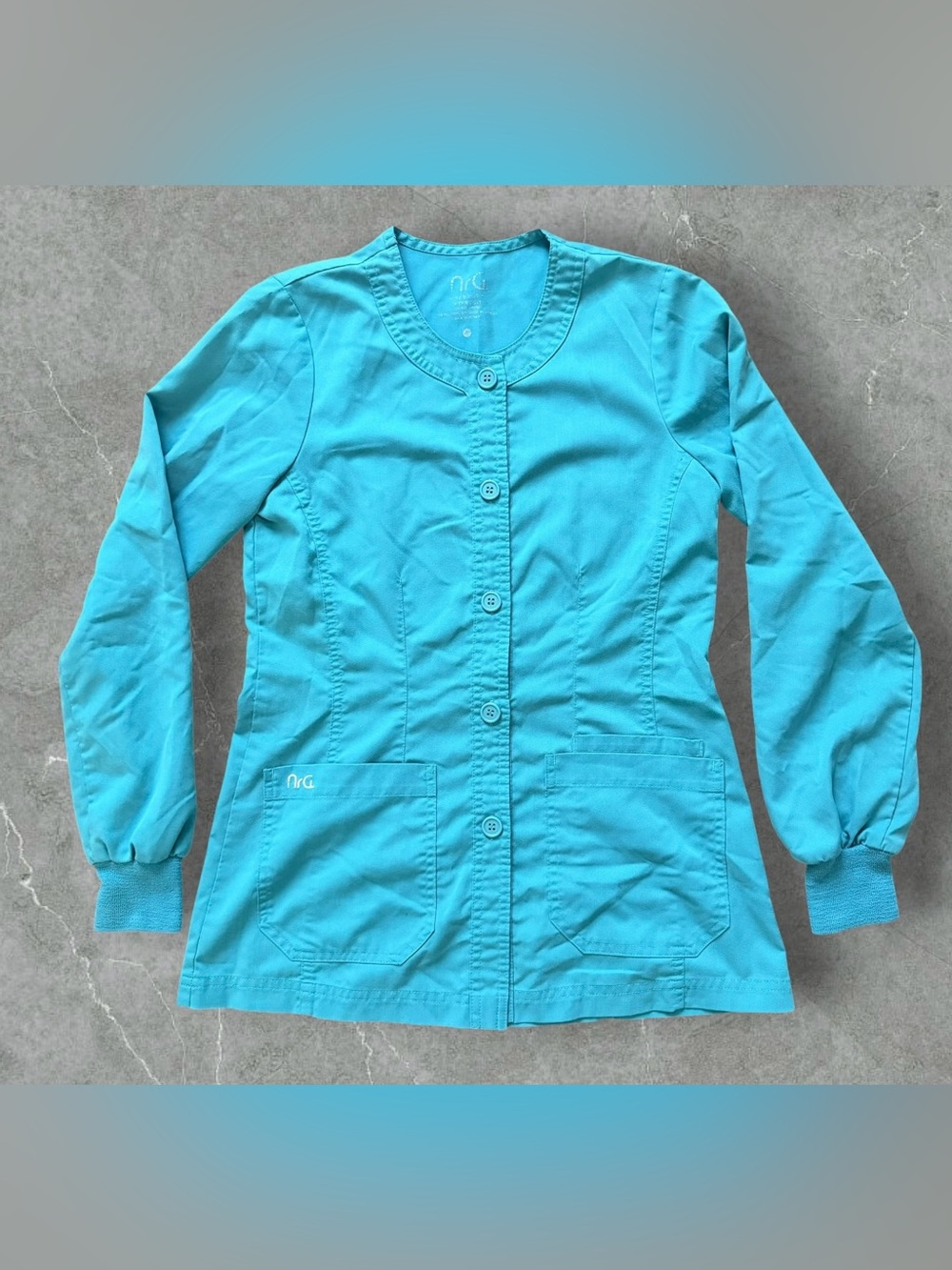 NrG by Barco Womens Small Teal 3 Pocket Button Front Warm Up Scrub Jacket